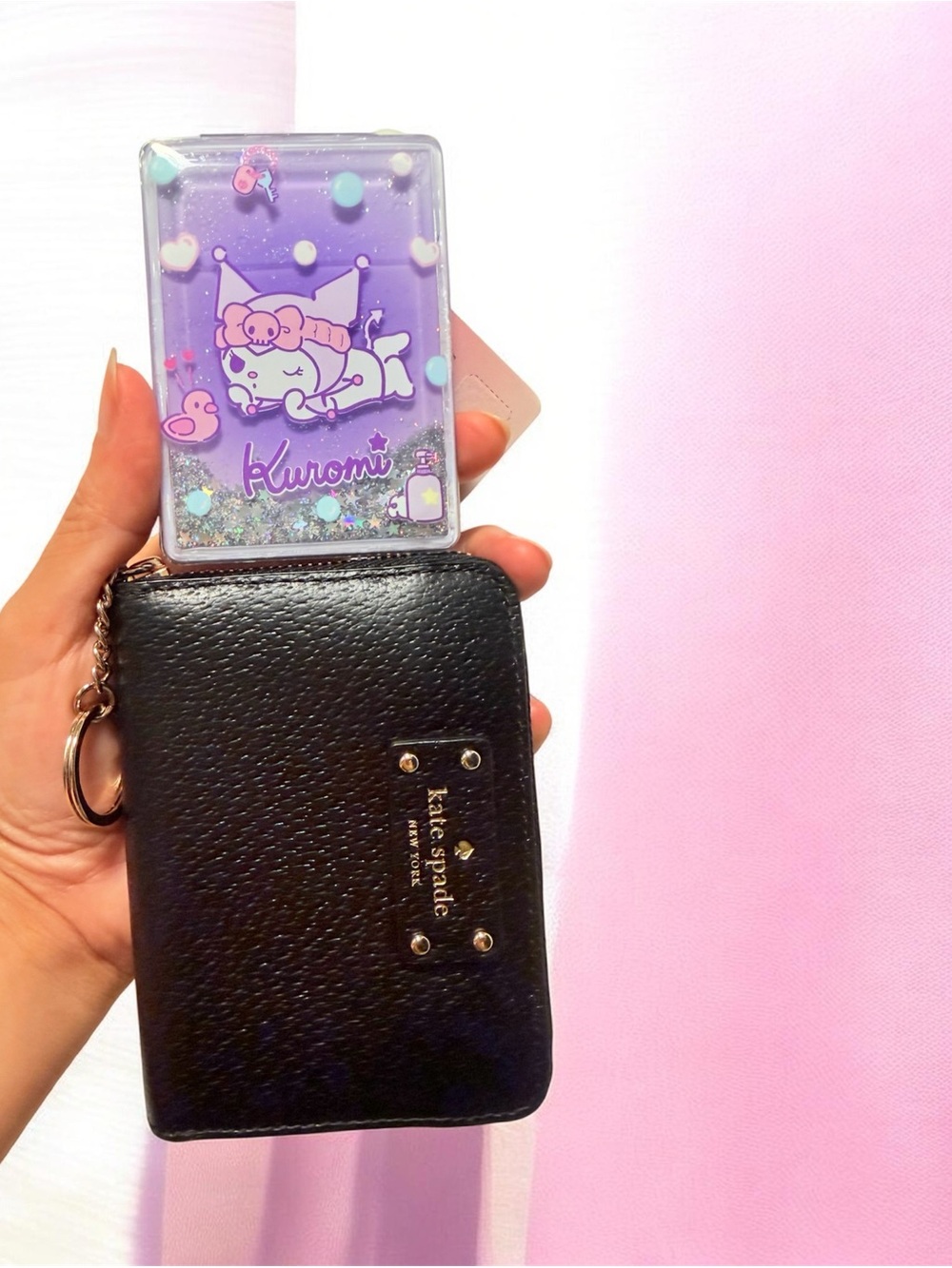 kate spade Black Leather Zip Card Holder Keychain & Kuromi mirror